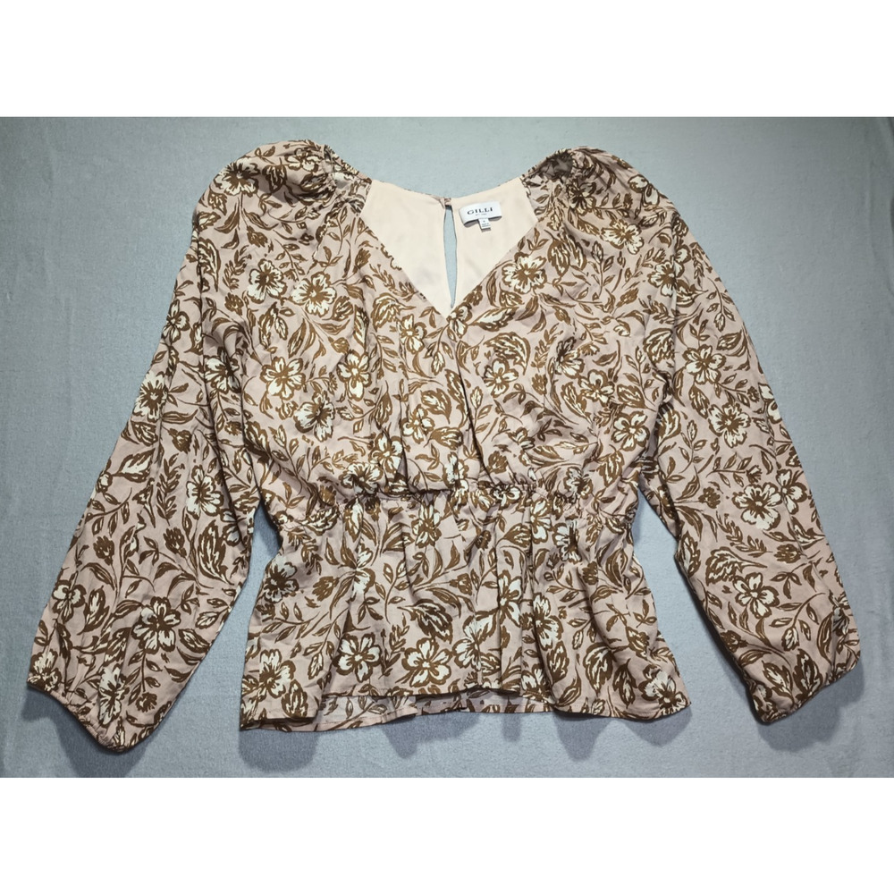 Gilli Womens 1X Floral Peplum Blouse Pink Brown Cottagecore Boho 100% Cotton